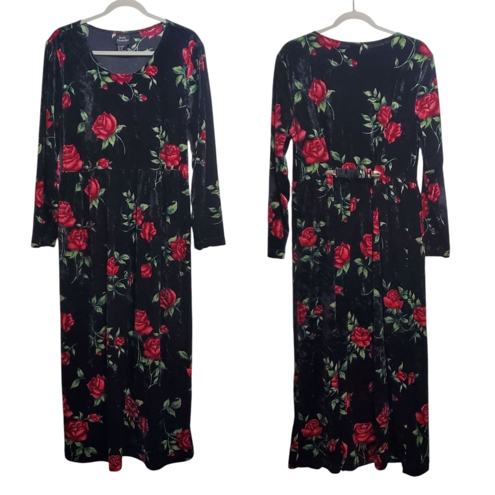 Brett Alixander Vintage Black Velvet Red Floral Maxi Dress Size 16 Goth Elegant